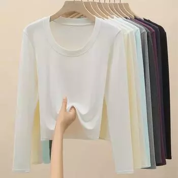 Женская облегающая футболка H256 с круглым вырезом и длинным рукавом для весны, осени и зимы — отлично подходит в качестве многослойной одежды или верхней одежды. M fits 95-110 jin белый