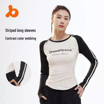 Женская облегающая футболка Juyitang в стиле ретро с буквенным принтом, длинными рукавами, круглым вырезом и контрастной цветной лентой. M звезда/чёрный