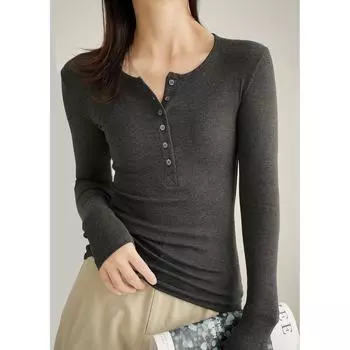 Женская облегающая футболка с длинным рукавом, круглым вырезом, воротником Генри и прошитым узором — идеальный вариант для весны и осени. Small