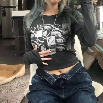 Женская облегающая футболка с длинными рукавами и принтом глаз в готическом стиле, весенняя ретро Y2k S темно-серого