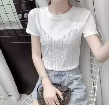 Женская облегающая футболка с круглым вырезом весна-лето дышащая блестящая сексуальная с коротким рукавом 4XL