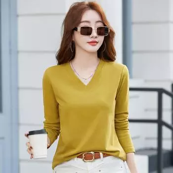 Женская облегающая футболка с V-образным вырезом и длинным рукавом, однотонный топ для повседневных рубашек на весну и осень S белый