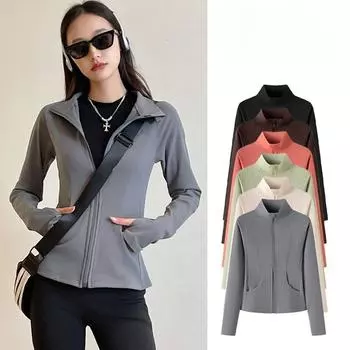 Женская облегающая куртка с вертикальным воротником на молнии, с флисовой подкладкой, утолщенная, ветрозащитная, теплая, с длинными рукавами, для занятий йогой и спортом S кофейный