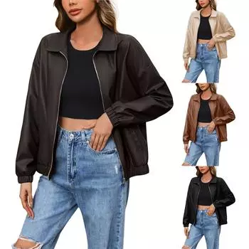 Женская облегающая куртка Женская мотоциклетная одежда, кожаная куртка с воротником-стойкой L бежевый