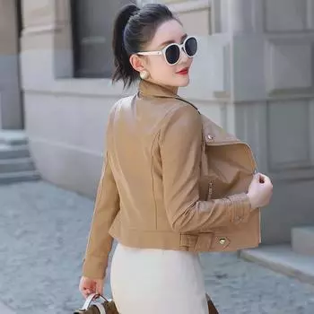 Женская облегающая мотоциклетная куртка из искусственной кожи, корейский стиль, короткая, модная, осенняя мода. Small