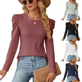 Женская облегающая плиссированная модная футболка с длинным рукавом. Женская универсальная осенняя футболка с длинным рукавом. S чёрный