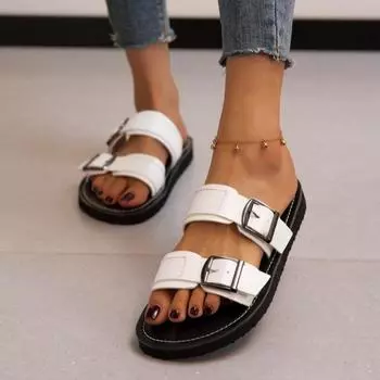 Женская обувь 2023, новые женские тапочки в британском стиле, летние тапочки на плоской подошве, женские повседневные пляжные тапочки с римской пряжкой, женские Mujer 38