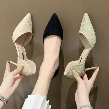 Женская обувь 2024 года, базовые женские туфли на высоком каблуке, сексуальные туфли-лодочки для вечеринок, женские плиссированные туфли без застежек с острым носком, супер высокие тонкие каблуки, женские 34 чёрный