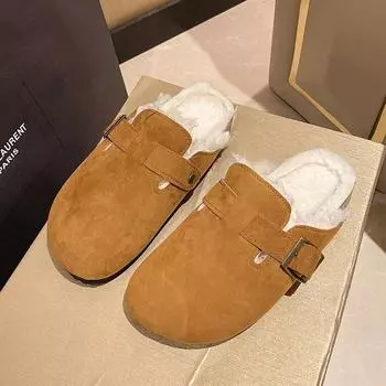 Женская обувь 2024 года, бренд Baotou, женские тапочки, модные повседневные тапочки с пряжкой на ремне, женские новые короткие плюшевые теплые тапочки на плоской подошве 35 хаки