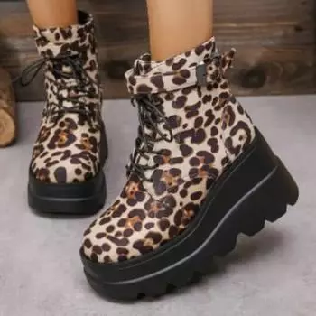 Женская обувь 2024 года, брендовые женские ботильоны на платформе, современные ботинки, женские, леопардовые, на молнии, со шнуровкой, с пряжкой на ремне, на танкетке, женские 35