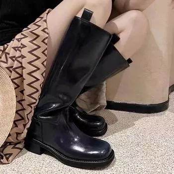 Женская обувь 2024 года, брендовые женские сапоги без застежек, модные круглые носки, современные сапоги, женские новые сапоги до колена на квадратном каблуке, Zapatos Mujer 35 чёрный