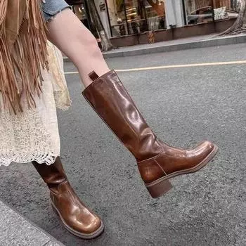 Женская обувь 2024 года, брендовые женские сапоги без застежек, модные круглые носки, современные сапоги, женские новые сапоги до колена на квадратном каблуке, Zapatos Mujer 35 чёрный