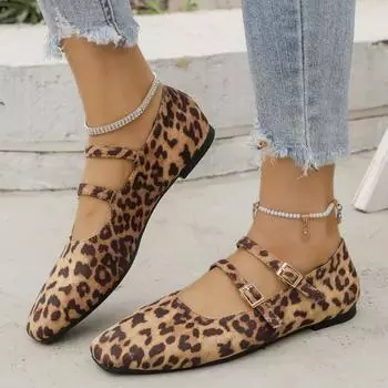 Женская обувь 2024 года, брендовые женские туфли на плоской подошве с пряжкой и ремешком, модные повседневные туфли на плоской подошве с леопардовым принтом, горячая распродажа, туфли на плоской подошве с квадратным носком и низким каблуком 36 цветной печ