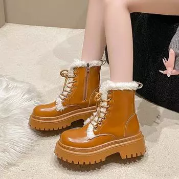 Женская обувь 2024 года, фирменные женские ботинки с боковой молнией, модные современные ботинки с перекрестной шнуровкой, женские зимние ботинки больших размеров, однотонные ботинки до середины икры 35 чёрный