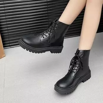 Женская обувь 2024 года, фирменные женские ботинки со шнуровкой спереди, модные ботинки больших размеров, современные ботинки для женщин, зимние ботинки больших размеров из бархата до середины икры 35 чёрный