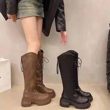 Женская обувь 2024 года, фирменные женские сапоги с пряжкой на ремне, модные современные сапоги с боковой молнией, женские высококачественные сапоги до колена с круглым носком 35 чёрный
