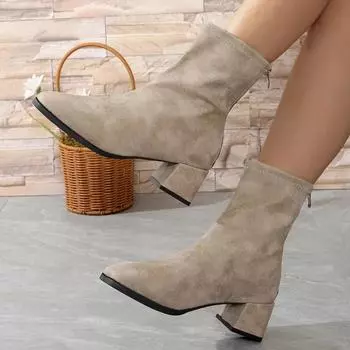 Женская обувь 2024 года, горячая распродажа, осенние женские сапоги на молнии с квадратным носком, из цельного флоксового материала, короткие, на среднем каблуке, в стиле ретро, зрелые римские сапоги 35 коричневый