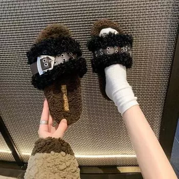 Женская обувь 2024 года, горячая распродажа, плоская подошва с женскими тапочками, повседневные повседневные тапочки, женские разноцветные теплые женские туфли с пряжкой и ремешком 35 чёрный