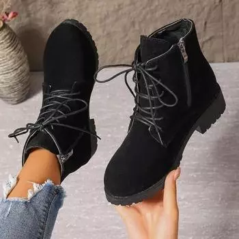 Женская обувь 2024 года, горячая распродажа, женские ботинки с боковой молнией, зимние, с круглым носком, однотонные, короткие, на низком каблуке, большие размеры, ботинки Zapatos De Mujer 36 чёрный