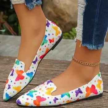 Женская обувь 2024 года, горячая распродажа, женские туфли на плоской подошве с острым носком, повседневные туфли на плоской подошве, женская обувь большого размера с мягким дном и принтом 35 белый