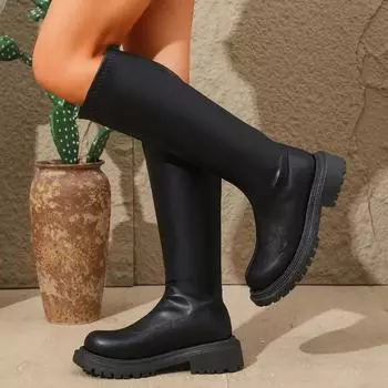 Женская обувь 2024 года, горячая распродажа, женские сапоги с молнией сзади, модные, круглые, современные сапоги, женские зимние, большие размеры, однотонные, до колена 35 чёрный