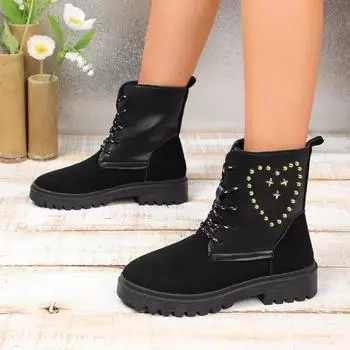 Женская обувь 2024 года, горячая распродажа, женские ботинки на шнуровке, зимние, с круглым носком, с заклепками, однотонные, короткие, на низком каблуке, модные ботинки большого размера 36 чёрный
