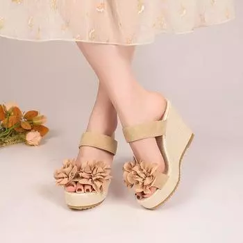 Женская обувь 2024 года, летняя хит продаж, высококачественные однотонные женские тапочки с открытым носком, повседневные пляжные туфли большого размера с цветочным принтом 35 бежевый