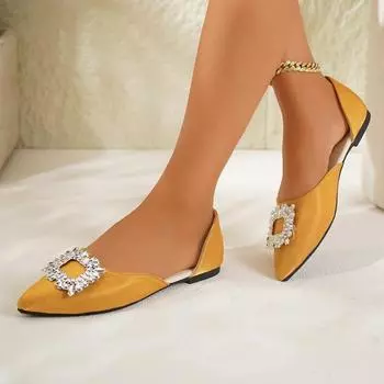 Женская обувь 2024 года, лето, новый стиль, острый носок, неглубокий носок, модные однотонные стразы, женские туфли на плоской подошве без застежек 35 оранжевый