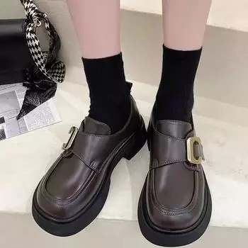 Женская обувь 2024 года, лоферы, женские туфли на высоком каблуке, модные офисные и карьерные туфли-лодочки, женские туфли с металлическим украшением и круглым носком на среднем каблуке для женщин 35 коричневый