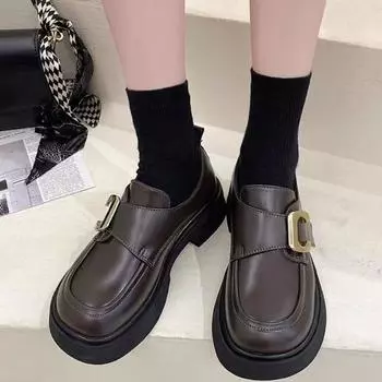 Женская обувь 2024 года, лоферы, женские туфли на высоком каблуке, модные офисные и карьерные туфли-лодочки, женские туфли с металлическим украшением и круглым носком на среднем каблуке для женщин 35 коричневый