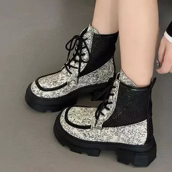 Женская обувь 2024 года, модные женские ботинки на шнуровке, осенние, с круглым носком, разноцветные, короткие, на толстом каблуке, ботинки Zapatos De Mujer 35 бежевый