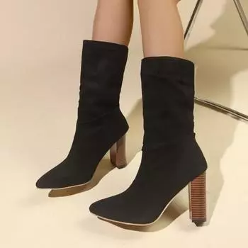 Женская обувь 2024 года, модные женские сапоги с рукавами, осень-зима, замшевые, с острым носком, однотонные, среднего размера, на толстом каблуке, сапоги больших размеров 35 чёрный
