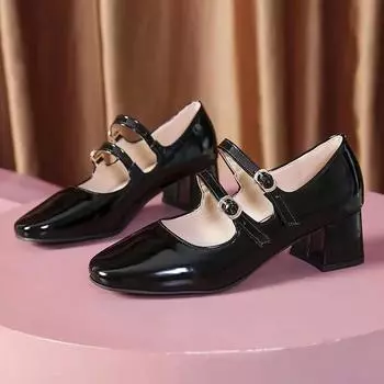 Женская обувь 2024 года, модные женские туфли-лодочки с пряжкой, осенние туфли Мэри Джейн с квадратным носком, неглубокие однотонные туфли для вечеринок на массивном каблуке, туфли Zapato 34 чёрный