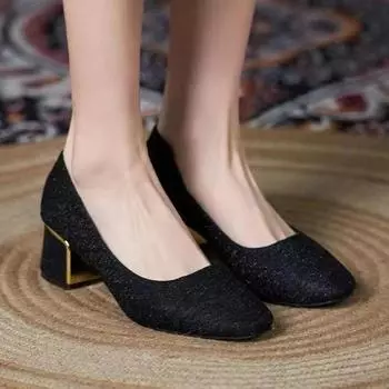Женская обувь 2024 года, модные женские туфли-лодочки без застежек, осенние туфли с квадратным носком, блестки, однотонные, сексуальное платье, толстые каблуки, туфли больших размеров на мелкой подошве 35 абрикосовый