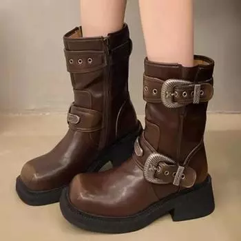 Женская обувь 2024 года, новая мода, слипоны, с двойной пряжкой, однотонные, износостойкие женские туфли для улицы, женские ботинки с круглым носком 35 чёрный