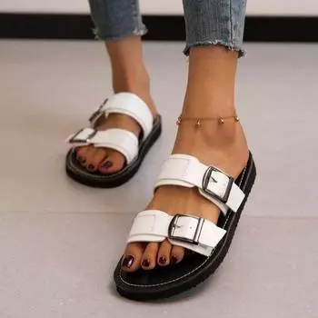 Женская обувь 2024 года, новые модные женские тапочки с пряжкой, летние тапочки на плоской подошве, женские римские повседневные пляжные тапочки, женские тапочки 36 чёрный