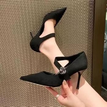 Женская обувь 2024 года, новые женские босоножки с острым носком и открытой пяткой, простые и элегантные формальные туфли, высококачественные туфли на высоком каблуке для женщин 34 чёрный