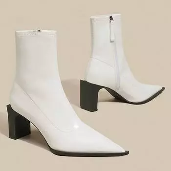 Женская обувь 2024 года, новые женские ботинки с боковой молнией, зимние, с острым носком, теплые, однотонные, короткие, на толстом каблуке, модные ботинки Botas De Mujer 35 чёрный