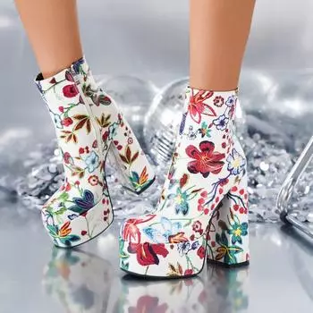 Женская обувь 2024 года, новые женские сапоги с принтом, модные современные ботинки с боковой молнией, женские сапоги с круглым носком, супер высокие ботильоны 36 белый
