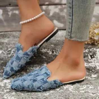 Женская обувь 2024 года, новые женские тапочки с закрытым носком, повседневные тапочки для улицы, женские разноцветные плоские туфли с женскими сандалиями больших размеров 35 светло-синий