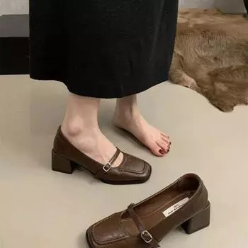 Женская обувь 2024 года с пряжкой на ремешке, женские туфли на высоком каблуке, модные офисные и карьерные туфли-лодочки, женские туфли на толстом каблуке с квадратным носком, женская обувь для отдыха 35 темно-коричневого