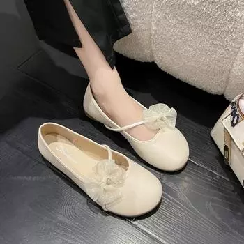 Женская обувь 2024 года, туфли Мэри Джейн на плоской подошве, милые туфли на плоской подошве для девочек с завязками-бабочками, круглым носком, неглубокие туфли без застежек на мягкой подошве для женщин 35 бежевый