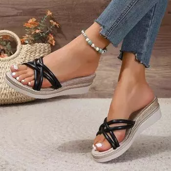 Женская обувь 2024 года, высокое качество, большие размеры, женские тапочки, модные, узкие, повседневные тапочки, женские, новые, с открытым носком, на танкетке 36 чёрный