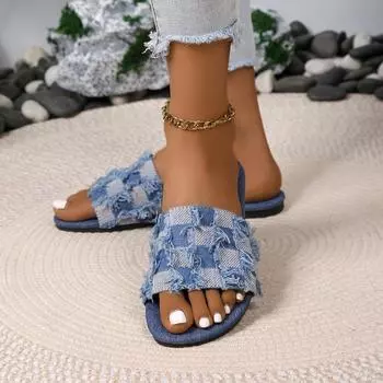 Женская обувь 2024 года, высококачественные базовые женские тапочки, повседневные тапочки для улицы, женские тапочки смешанных цветов на плоской подошве с сандалиями больших размеров 35 синий