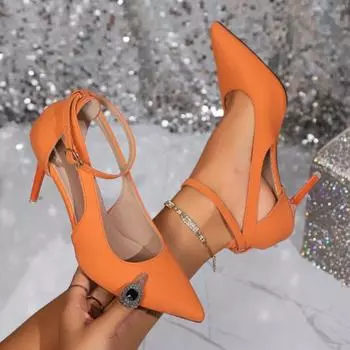 Женская обувь 2024 года, высококачественные однотонные туфли с острым носком, неглубокие полые туфли с пряжкой и ремешком на шпильке, женские туфли на высоком каблуке 36 чёрный