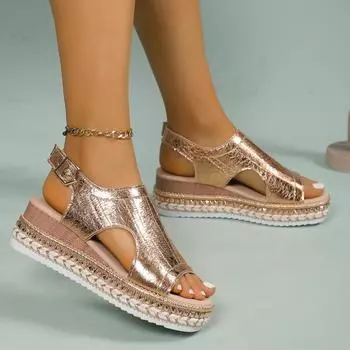 Женская обувь 2024 года, высококачественные женские босоножки с открытым носком, модные босоножки для офиса и карьеры, новые однотонные босоножки на танкетке Zapatos 36 золотой