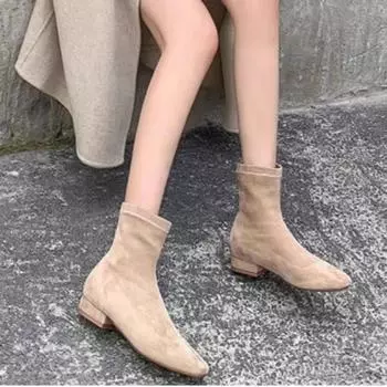 Женская обувь 2024 года, высококачественные женские ботильоны, модные однотонные современные ботинки без застежек, женская горячая распродажа, туфли с квадратным носком для женщин 35 абрикосовый