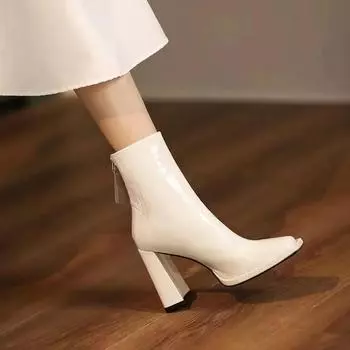 Женская обувь 2024 года, высококачественные женские ботильоны, элегантные современные ботинки, женские сшитые, квадратный носок, высокие каблуки, застежка-молния сзади, женские 35 покинуть белый