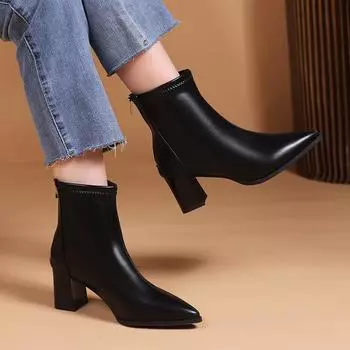 Женская обувь 2024 года, высококачественные женские ботильоны, элегантные современные ботинки, женские, сшитые сзади, с молнией, на среднем толстом каблуке, женские 35 чёрный