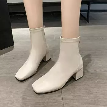Женская обувь 2024 года, высококачественные женские ботинки на молнии, зимние, с острым носком, однотонные, теплые, на высоком каблуке, модные корейские ботинки 35 бежевый